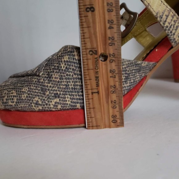 FARYLROBIN Leather Snakeskin Coral Red Suede Peep Toe Heels Anthropologie - Picture 14 of 15